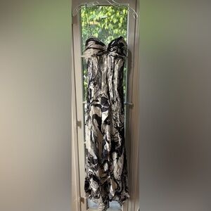 Chetta B black ivory, abstract chiffon cocktail dress- asymmetrical hem size 10